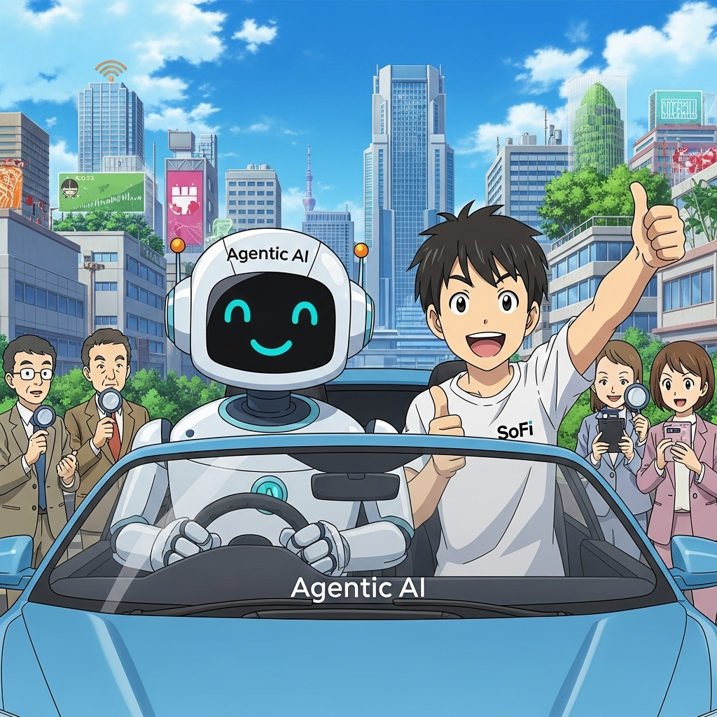 日系動漫風格,一個友善的未來機器人自信地駕駛著一輛自動駕駛汽車,代表主動式AI。旁邊一位熱情洋溢的動漫角色穿著有SoFi標誌的襯衫,豎起大拇指,象徵新ETF的推出。背景是繁華的動漫城市天際線,建築物隱約描繪出科技、農業和醫療等不同領域,展示了AI的廣泛應用。其他動漫角色,代表投資者,既興奮又謹慎地觀察著,有些人拿著放大鏡,暗示著市場審查和擁擠的AI ETF市場。整體氛圍充滿活力、樂觀,帶點幽默,強調創新和市場熱度。